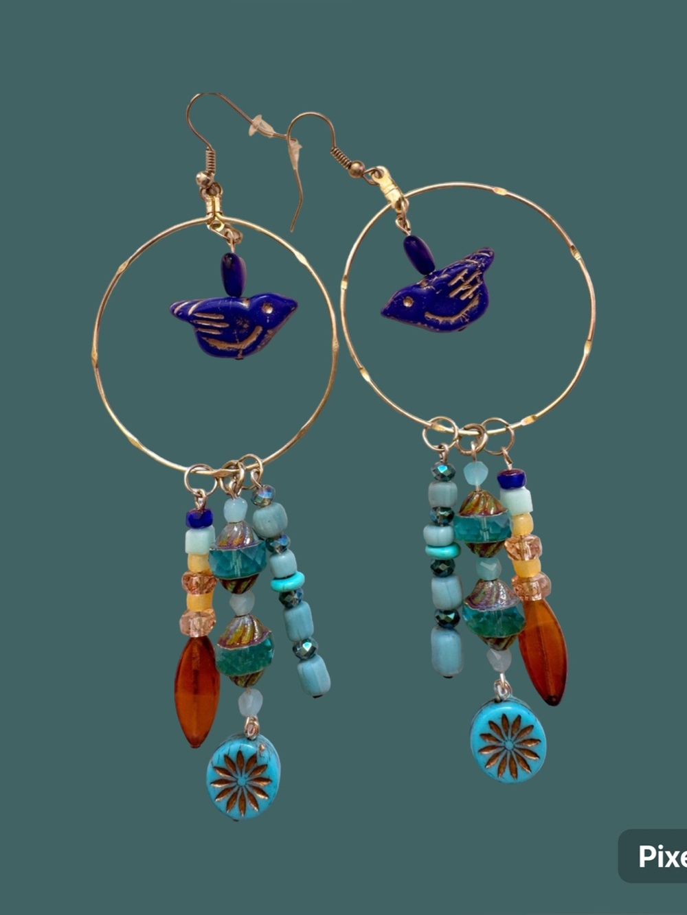 Handcrafted Blue and Orange Bird Boho Earrings